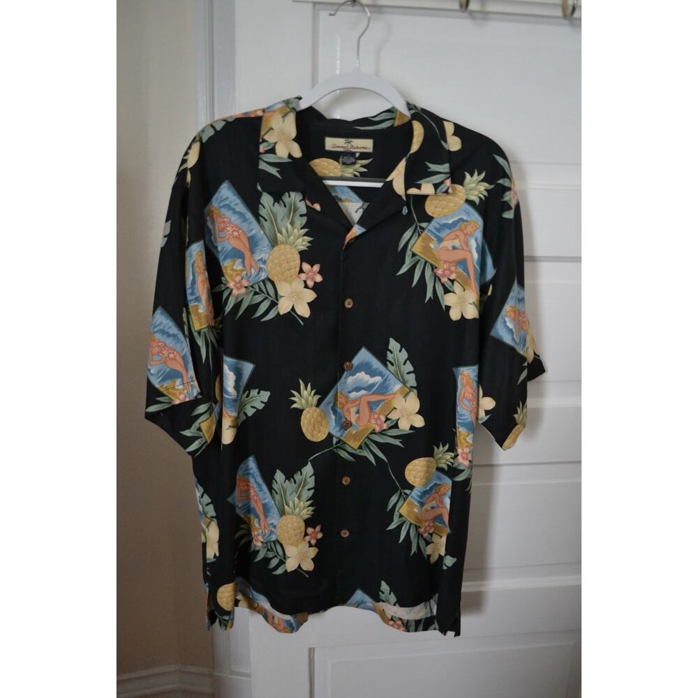 Hawaiian Girl Tommy Bahama Hawaiian Shirt 100% Silk Size L Mens Summer Resort